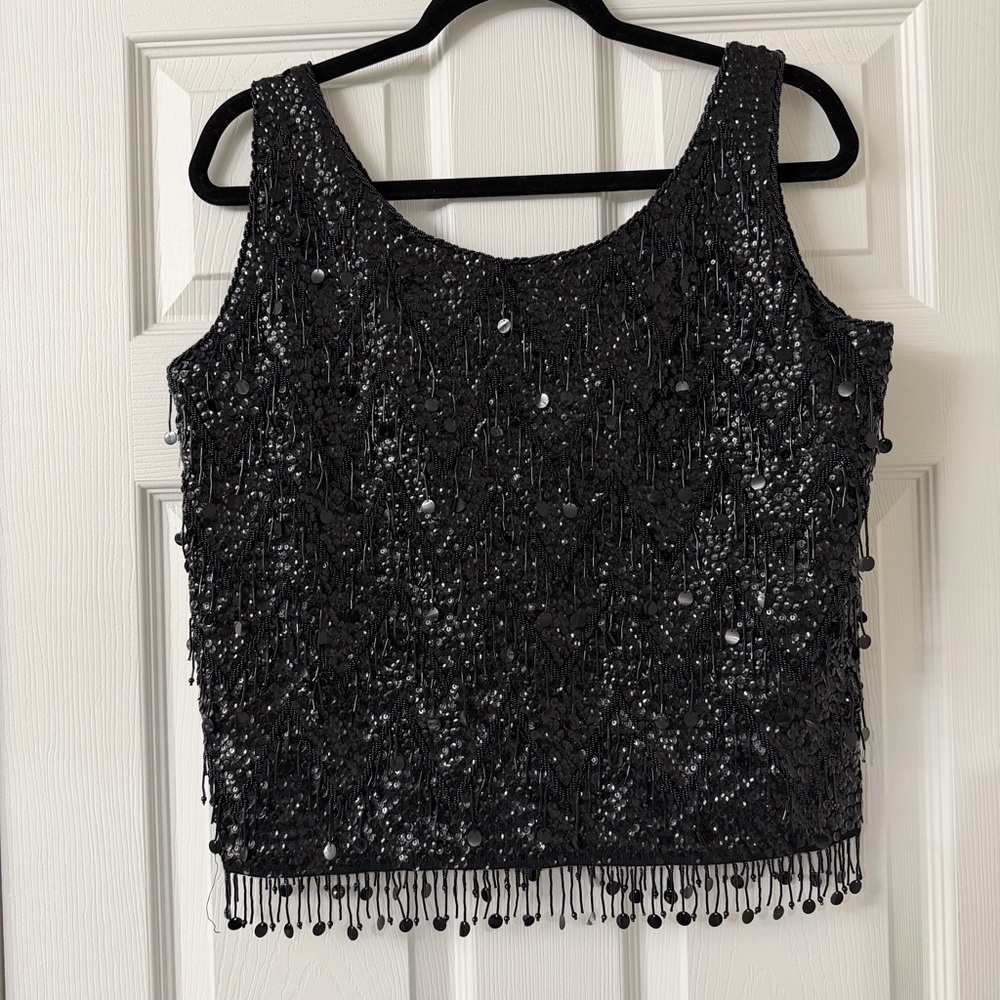 Vintage Black Sequins Beaded Fringe Evening Cocktail Top